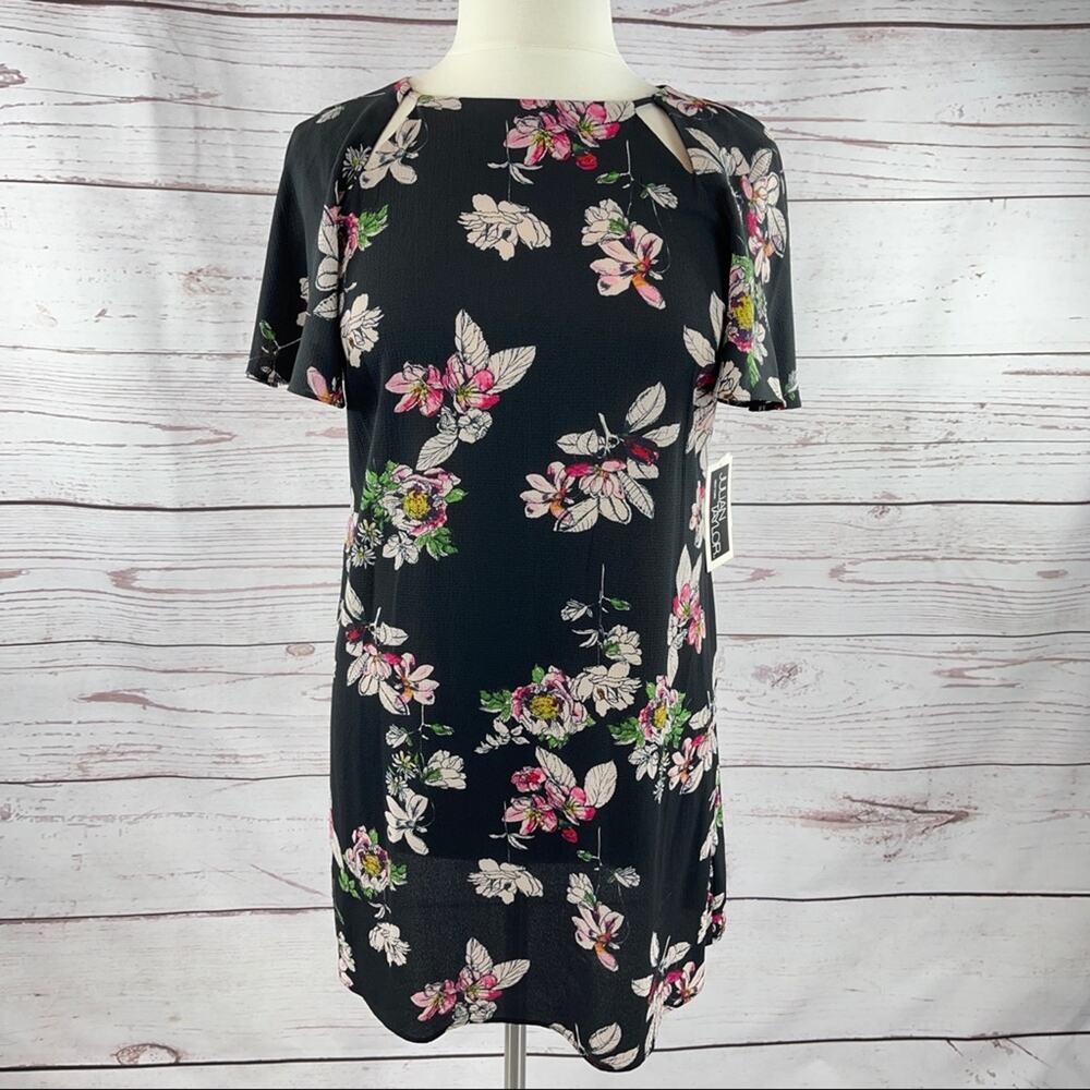 Julian Taylor black crepe floral shift dress flounced sleeves